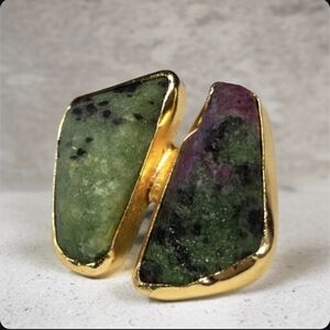 18k Gold Plated Artisan Oversized Ruby Zoisite Natural Raw Stone Statement Ring